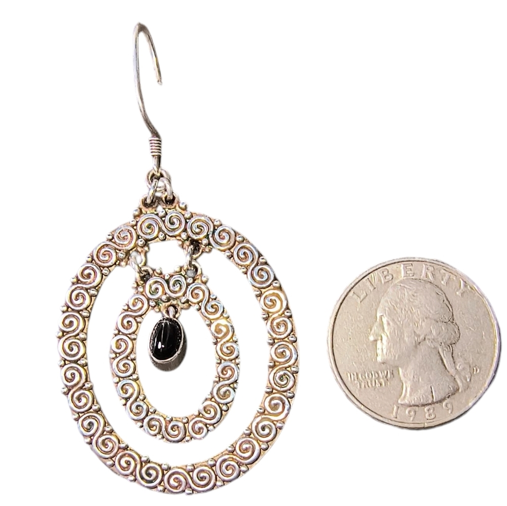 Vintage Sajen Black Onyx And Sterling Silver Textured Oval Dangle Earrings - Picture 4 of 9